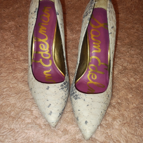 Sam Edelman Shoes - Sam Edelman Cream Snake-Print Pointed Toe Pumps with Purple Insole